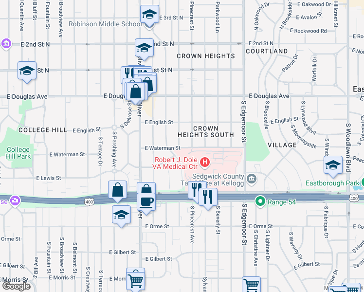 map of restaurants, bars, coffee shops, grocery stores, and more near 5122 E Waterman St in Wichita