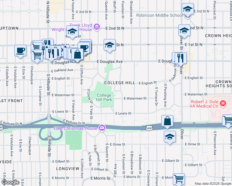 map of restaurants, bars, coffee shops, grocery stores, and more near 4001 Hammond Dr in Wichita
