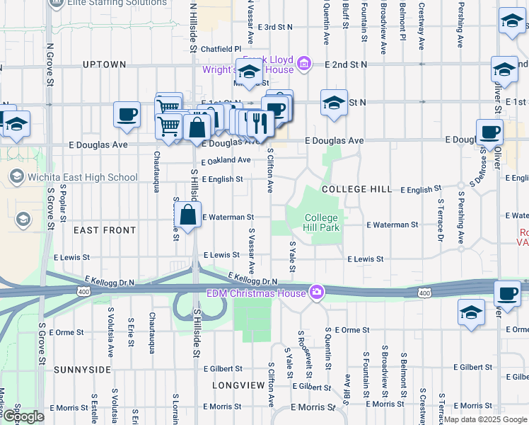 map of restaurants, bars, coffee shops, grocery stores, and more near 253-299 S Clifton Ave in Wichita