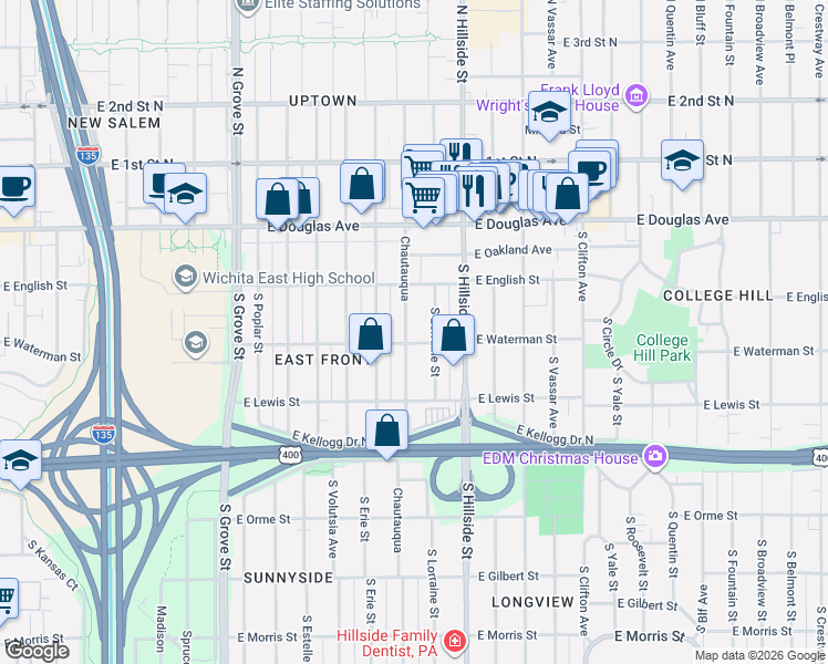 map of restaurants, bars, coffee shops, grocery stores, and more near 253 South Lorraine Street in Wichita