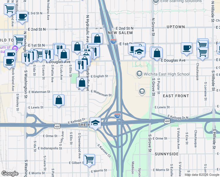 map of restaurants, bars, coffee shops, grocery stores, and more near 253 Minnesota in Wichita