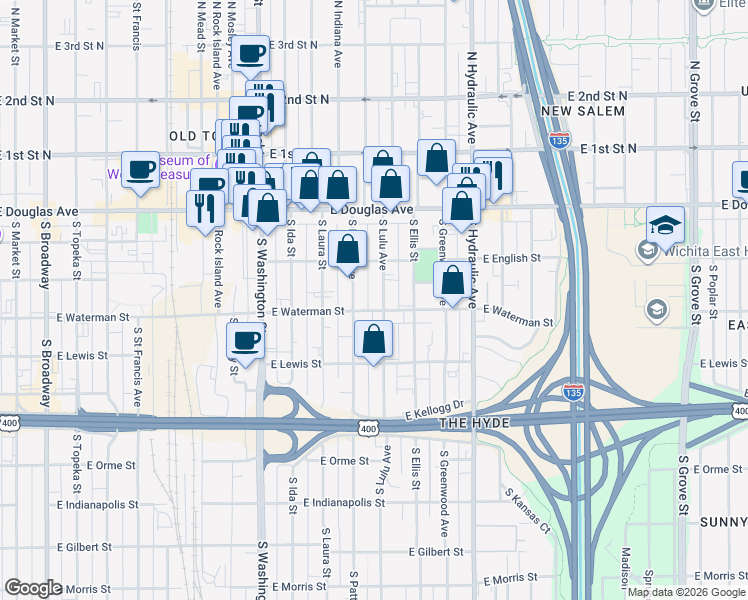 map of restaurants, bars, coffee shops, grocery stores, and more near 241 South Lulu Street in Wichita