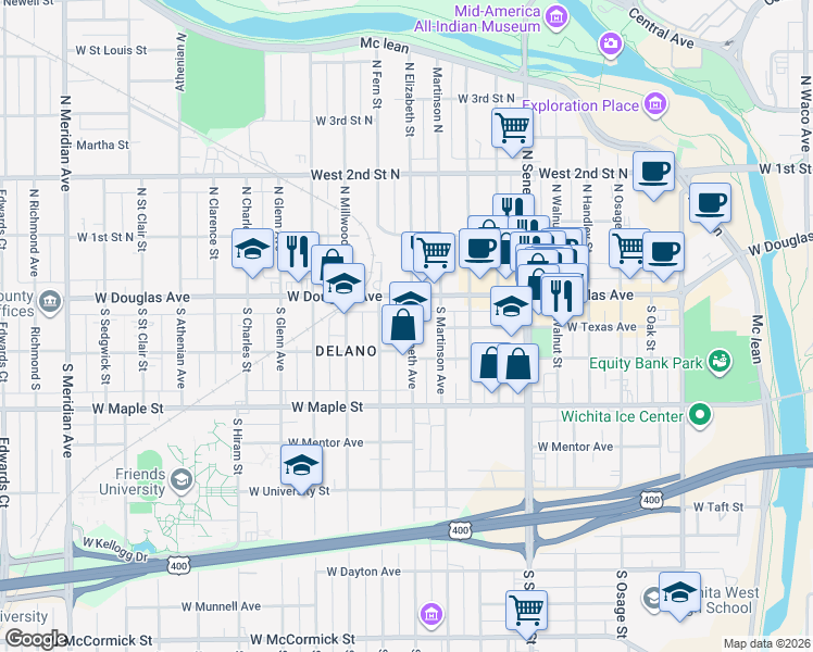 map of restaurants, bars, coffee shops, grocery stores, and more near 144-214 South Elizabeth Street in Wichita