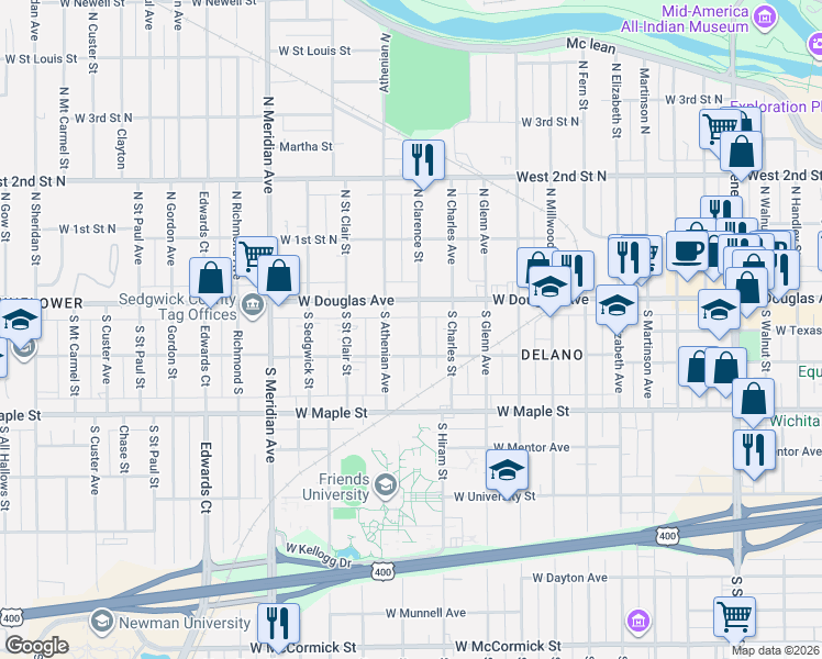 map of restaurants, bars, coffee shops, grocery stores, and more near 126 South Clarence Street in Wichita