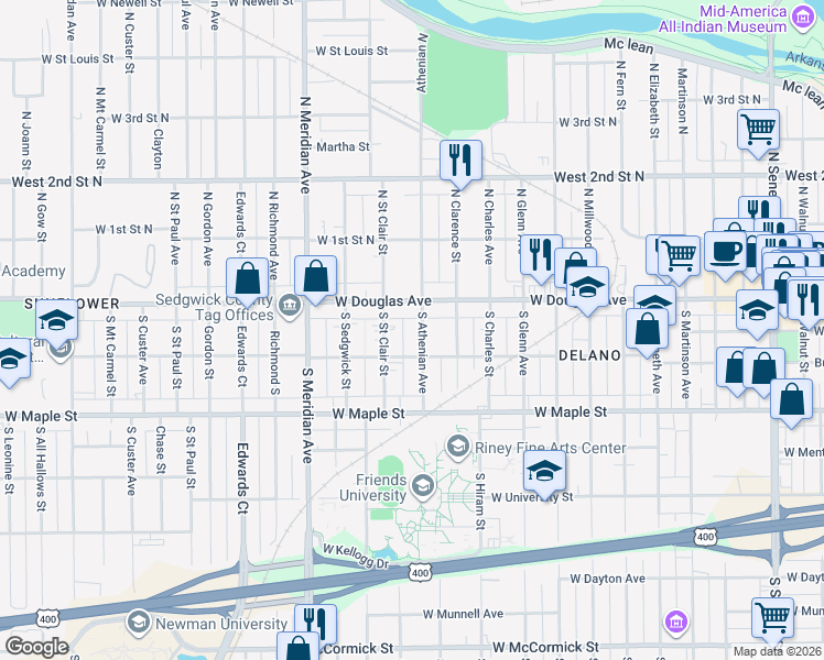 map of restaurants, bars, coffee shops, grocery stores, and more near 124 Athenian South in Wichita