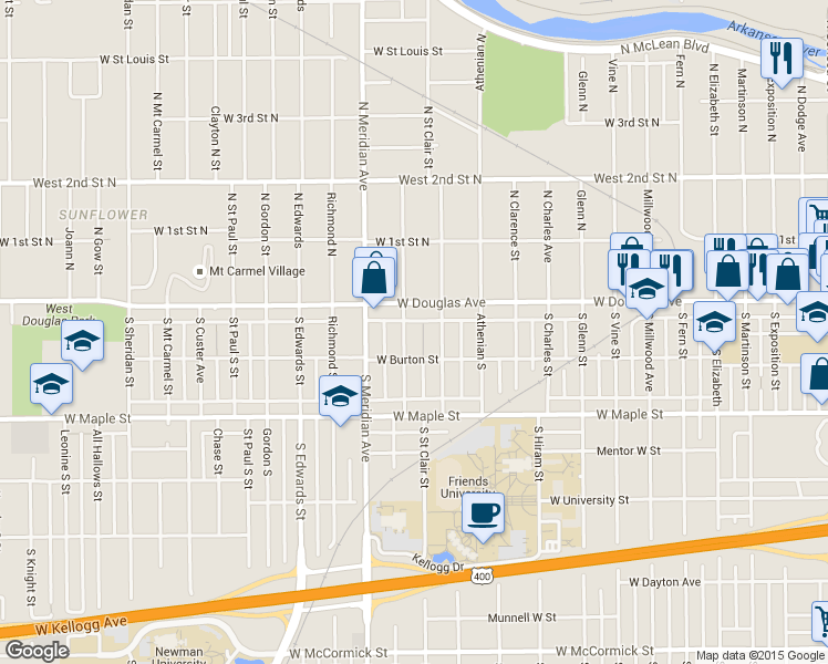 map of restaurants, bars, coffee shops, grocery stores, and more near 124 South Sedgwick Street in Wichita