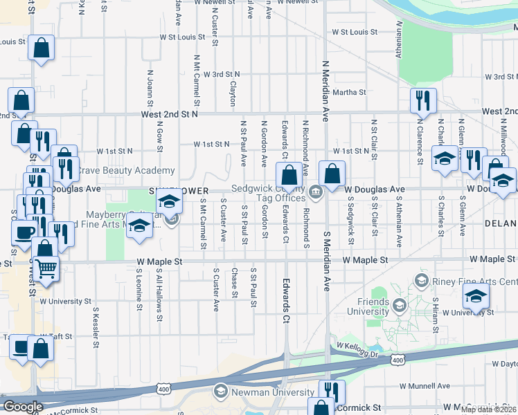 map of restaurants, bars, coffee shops, grocery stores, and more near 107 Gordon South in Wichita