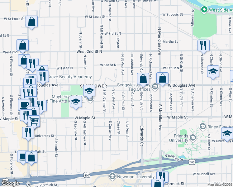 map of restaurants, bars, coffee shops, grocery stores, and more near 122 South Custer Avenue in Wichita