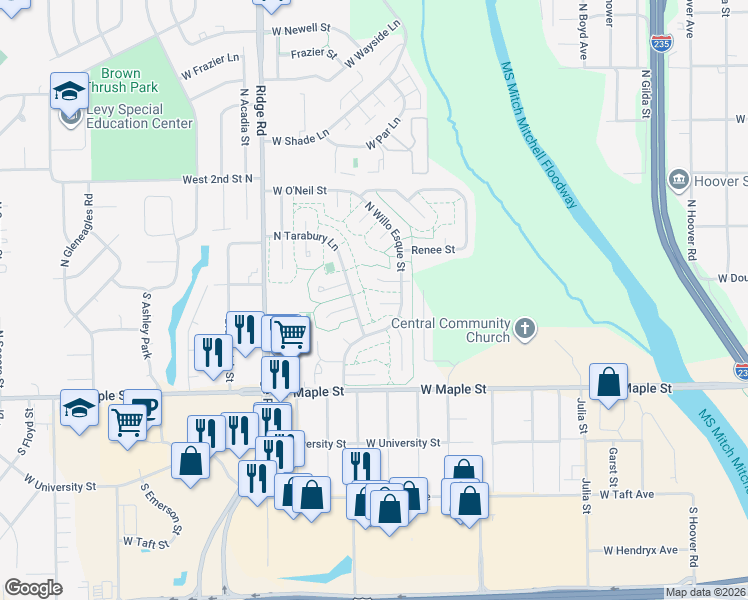map of restaurants, bars, coffee shops, grocery stores, and more near 128 South Tarabury Lane in Wichita
