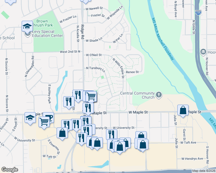 map of restaurants, bars, coffee shops, grocery stores, and more near 128 South Tarabury Lane in Wichita