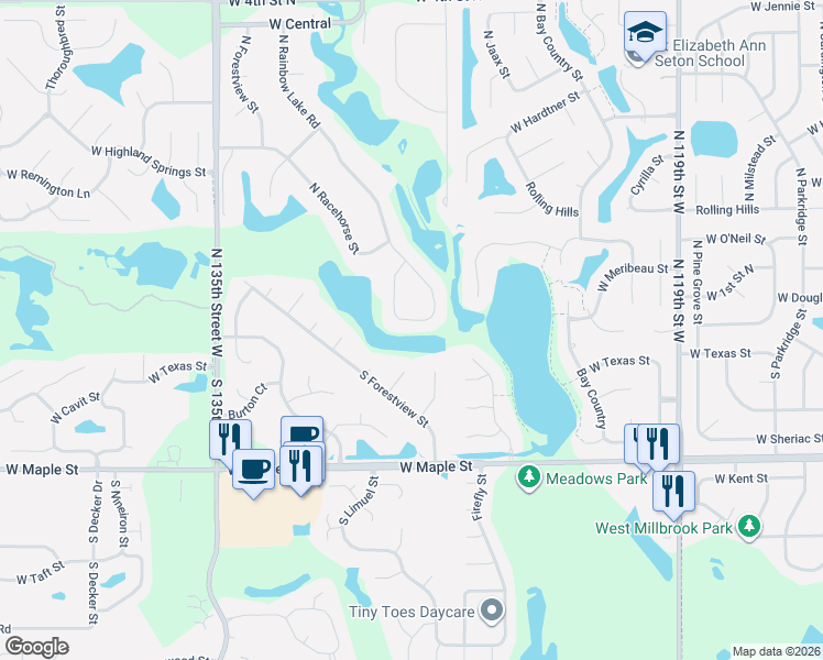 map of restaurants, bars, coffee shops, grocery stores, and more near 101 North Rainbow Lake Terrace in Wichita