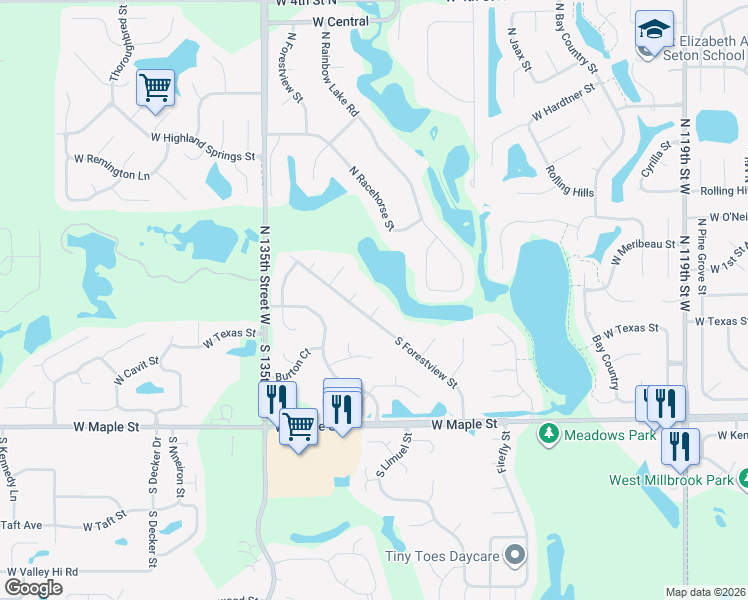 map of restaurants, bars, coffee shops, grocery stores, and more near 106 S Forestview Ct in Wichita