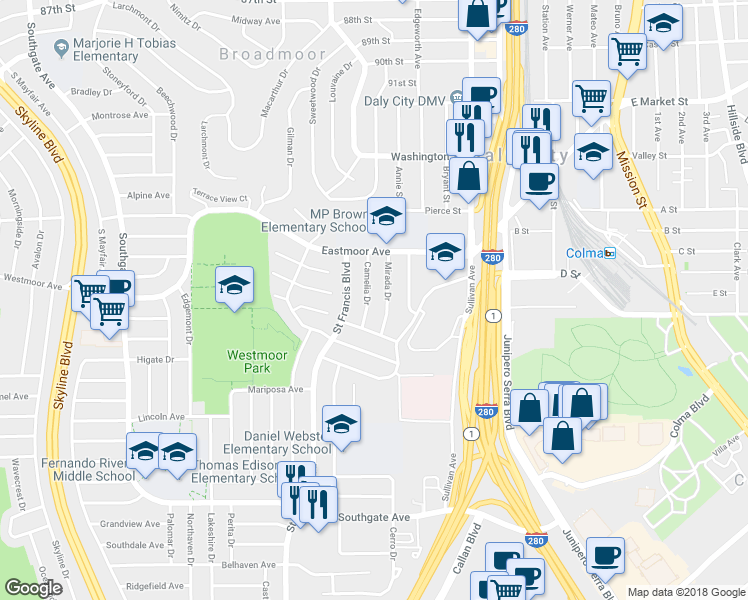 map of restaurants, bars, coffee shops, grocery stores, and more near 163 Camelia Dr in Daly City