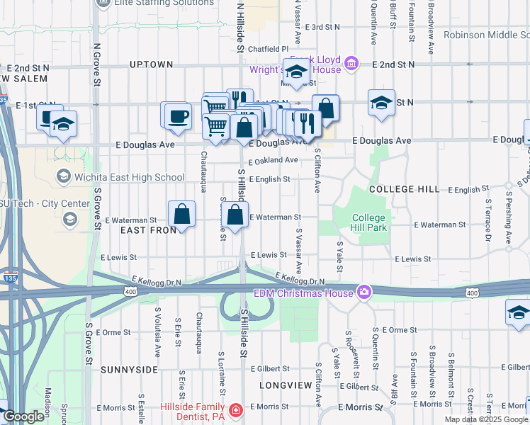 map of restaurants, bars, coffee shops, grocery stores, and more near 250 South Holyoke Street in Wichita
