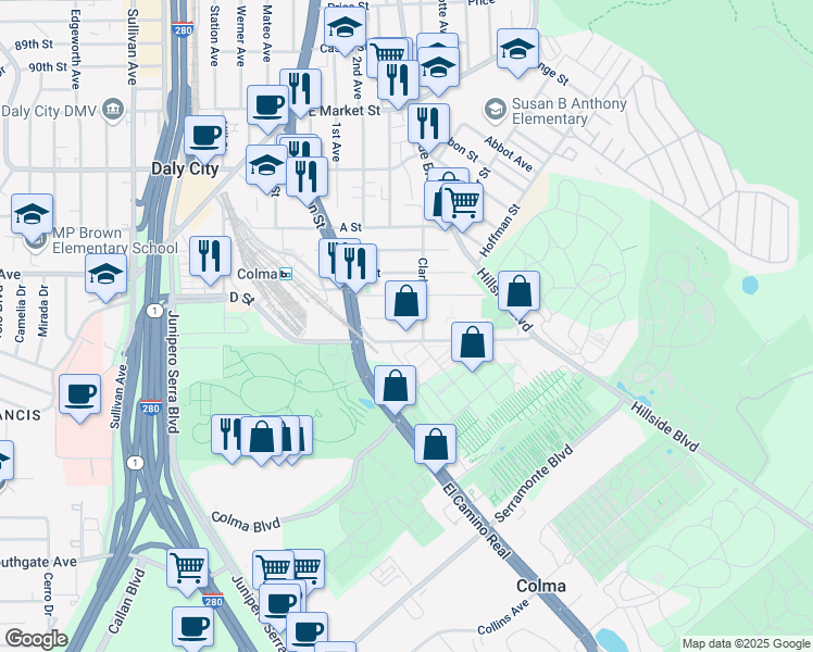 map of restaurants, bars, coffee shops, grocery stores, and more near 464 E Street in Colma