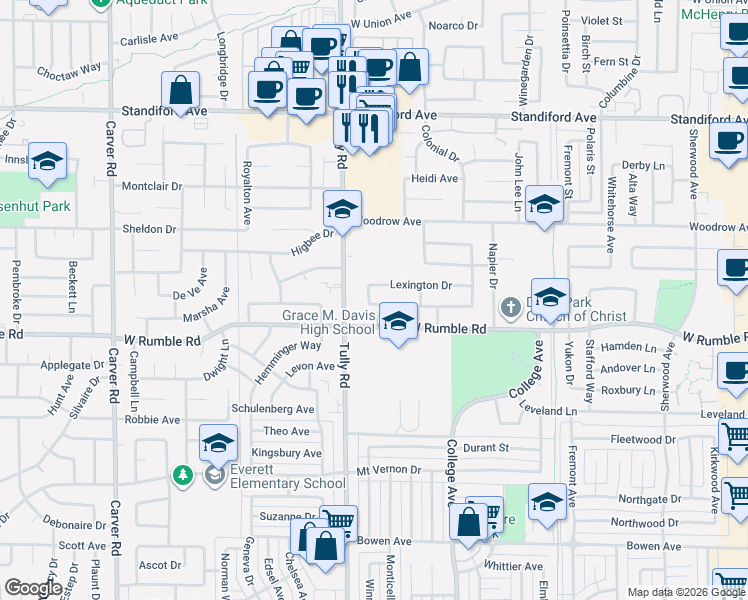 map of restaurants, bars, coffee shops, grocery stores, and more near 1209 Wellington Drive in Modesto