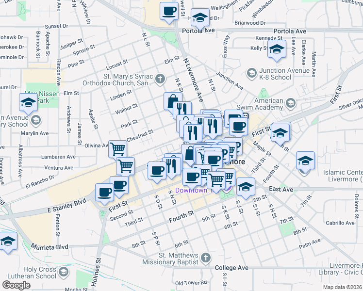 map of restaurants, bars, coffee shops, grocery stores, and more near 161 North L Street in Livermore