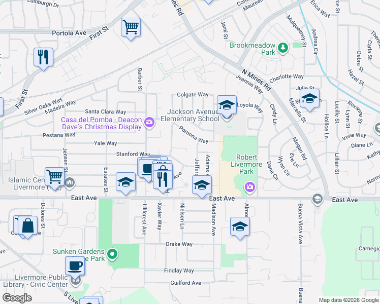 map of restaurants, bars, coffee shops, grocery stores, and more near 4176 Florida Court in Livermore