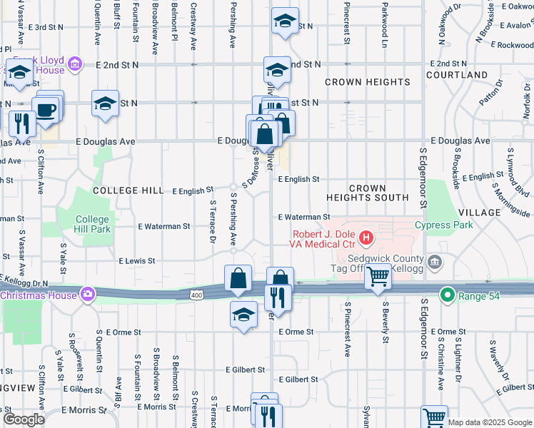 map of restaurants, bars, coffee shops, grocery stores, and more near 237 Oliver in Wichita