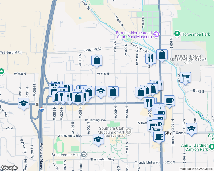 map of restaurants, bars, coffee shops, grocery stores, and more near 320 North 500 West in Cedar City
