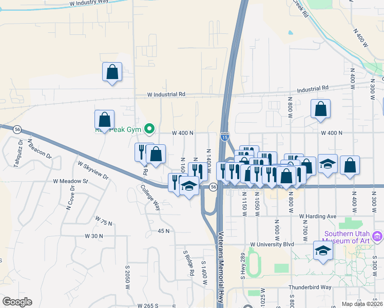 map of restaurants, bars, coffee shops, grocery stores, and more near 325 North 1500 West in Cedar City