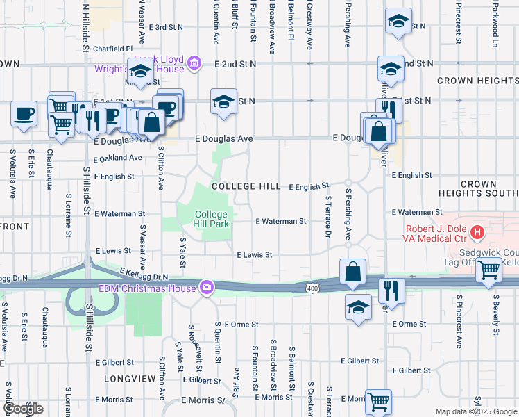 map of restaurants, bars, coffee shops, grocery stores, and more near 234 South Fountain Street in Wichita