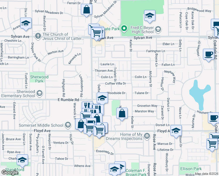 map of restaurants, bars, coffee shops, grocery stores, and more near 3105 Elgin Way in Modesto