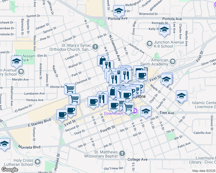 map of restaurants, bars, coffee shops, grocery stores, and more near 32-2 North Livermore Avenue in Livermore