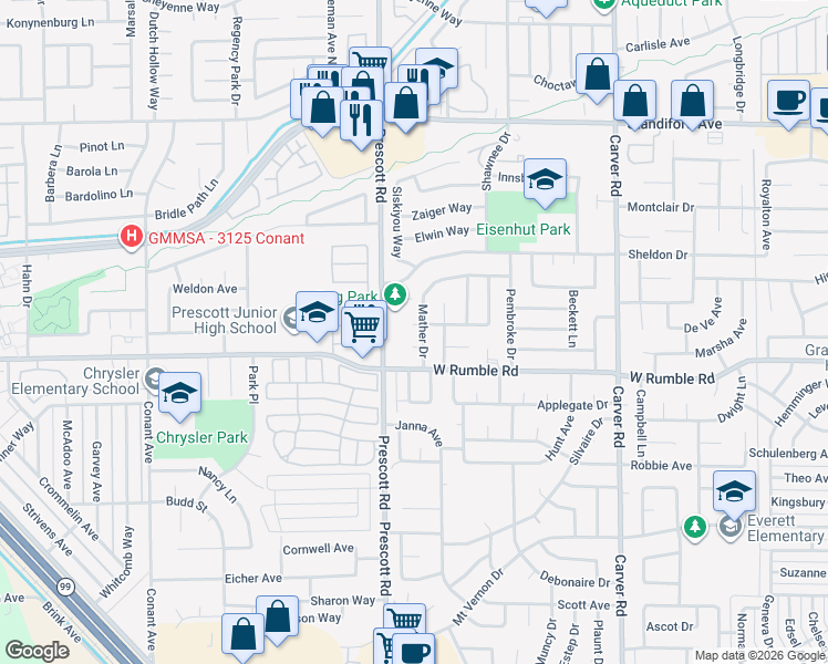 map of restaurants, bars, coffee shops, grocery stores, and more near 2056 Winton Avenue in Modesto