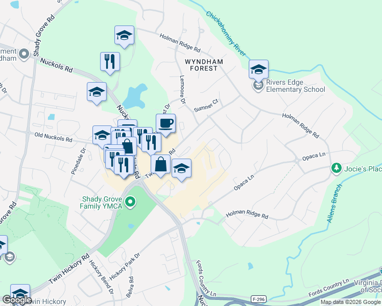 map of restaurants, bars, coffee shops, grocery stores, and more near 5431 Hickory Ann Drive in Glen Allen