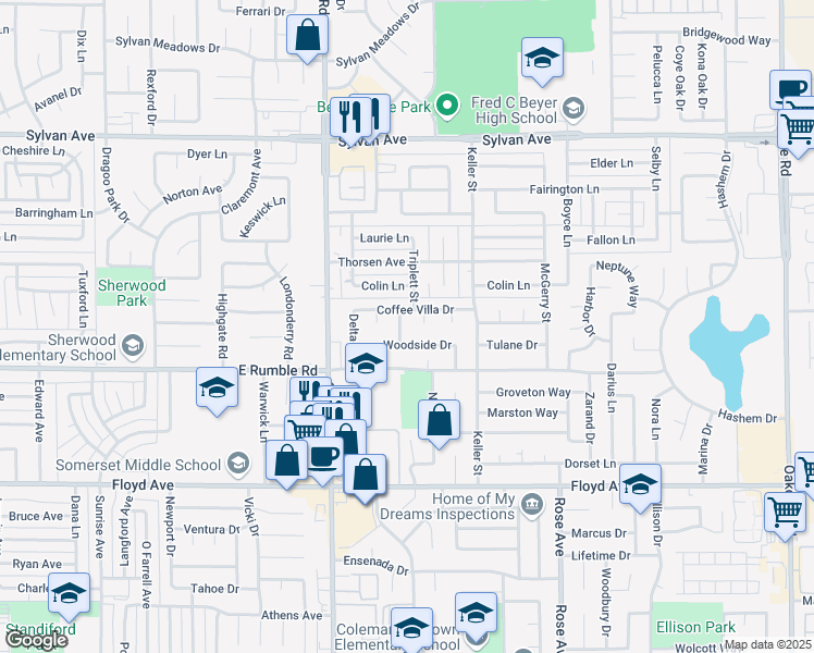 map of restaurants, bars, coffee shops, grocery stores, and more near 3104 Elgin Way in Modesto