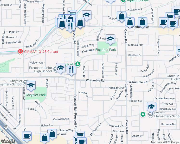 map of restaurants, bars, coffee shops, grocery stores, and more near 2028 Winton Avenue in Modesto