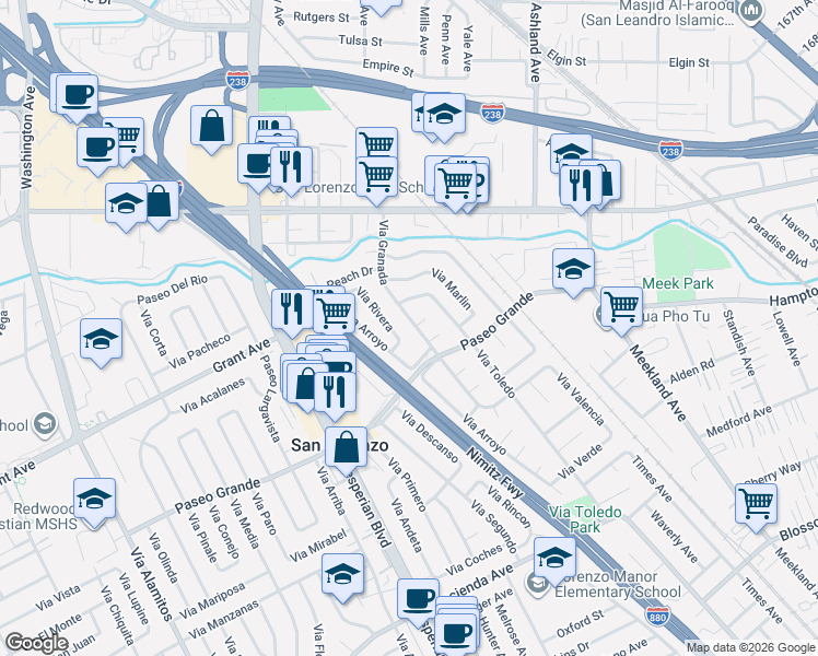 map of restaurants, bars, coffee shops, grocery stores, and more near 15941 Via Granada in San Lorenzo