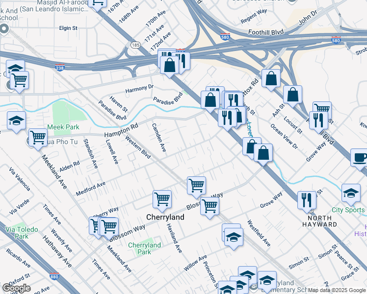 map of restaurants, bars, coffee shops, grocery stores, and more near 694 Medford Avenue in Hayward
