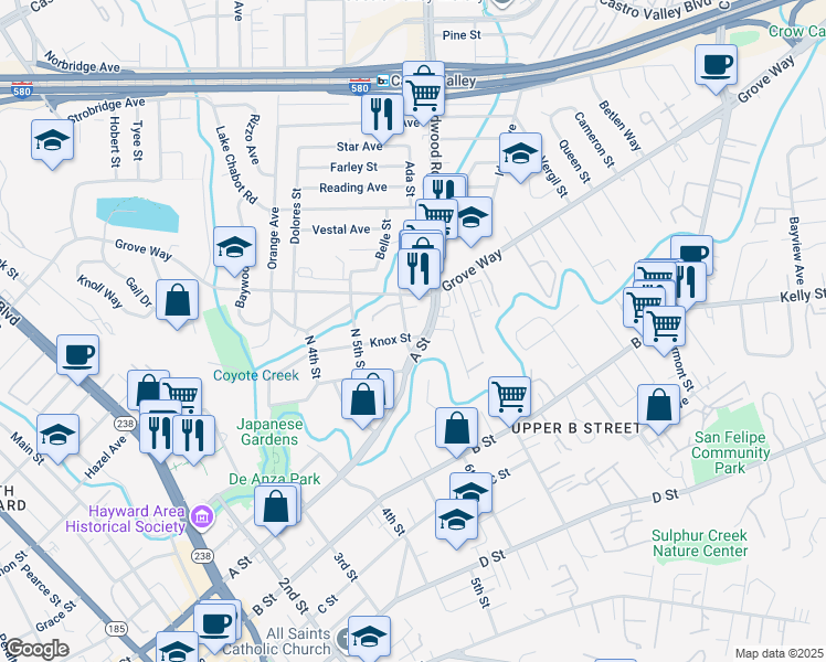 map of restaurants, bars, coffee shops, grocery stores, and more near 22292 North 6th Street in Castro Valley