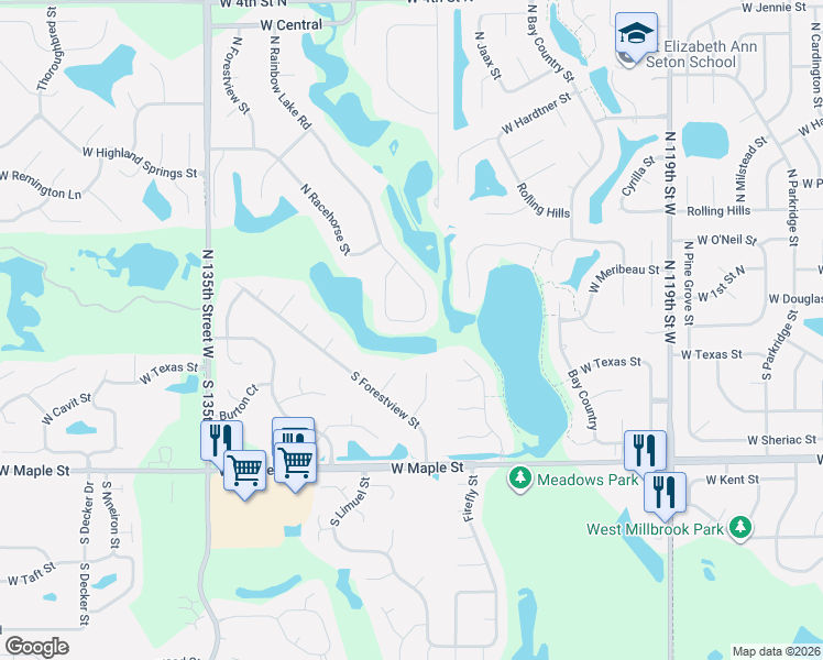 map of restaurants, bars, coffee shops, grocery stores, and more near 101 North Rainbow Lake Terrace in Wichita