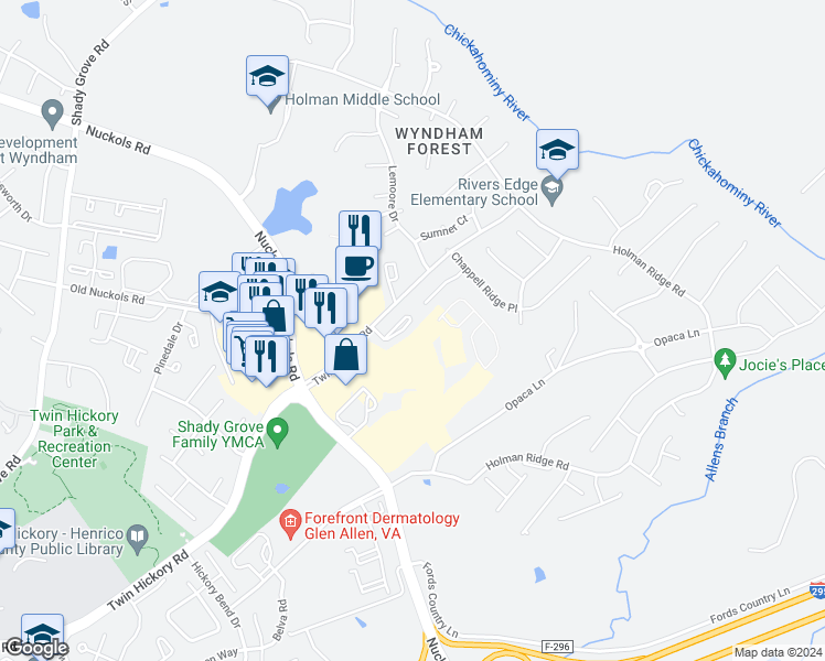 map of restaurants, bars, coffee shops, grocery stores, and more near 5431 Hickory Ann Drive in Glen Allen