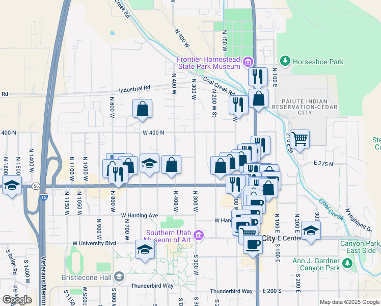 map of restaurants, bars, coffee shops, grocery stores, and more near 314 North 300 West in Cedar City