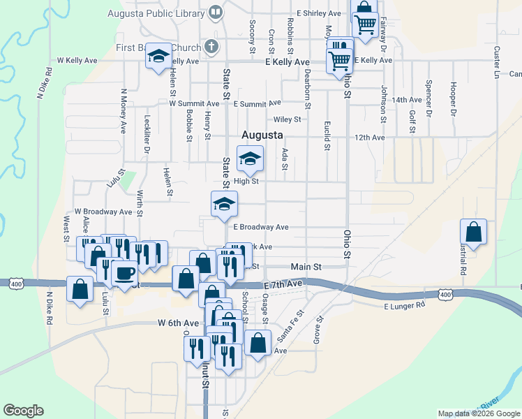map of restaurants, bars, coffee shops, grocery stores, and more near 1023 Osage Street in Augusta