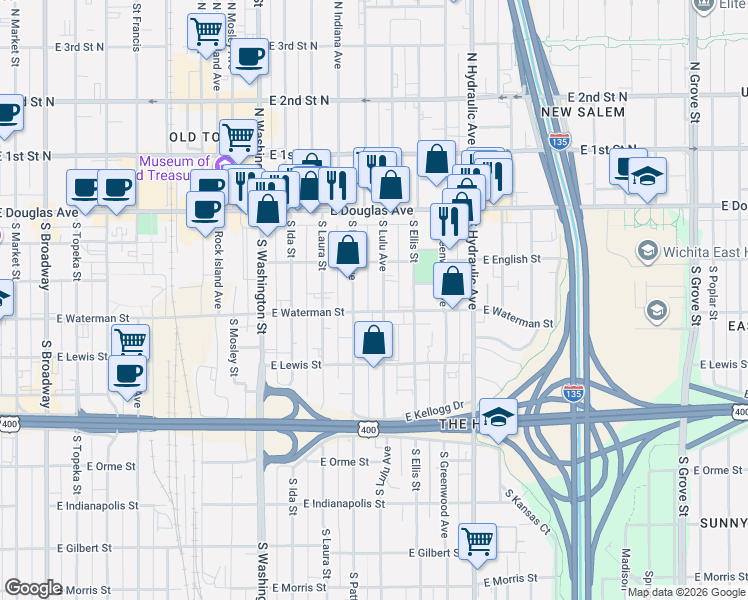 map of restaurants, bars, coffee shops, grocery stores, and more near 241 South Lulu Street in Wichita