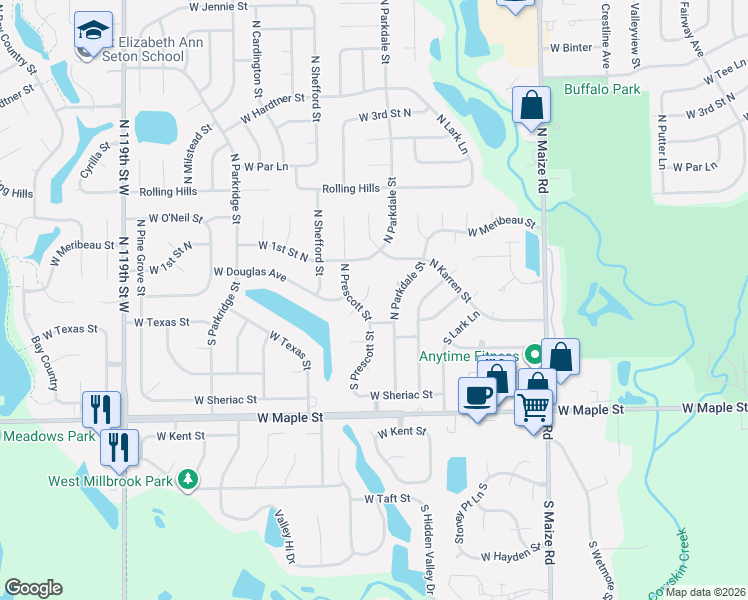 map of restaurants, bars, coffee shops, grocery stores, and more near 114 North Prescott Court in Wichita