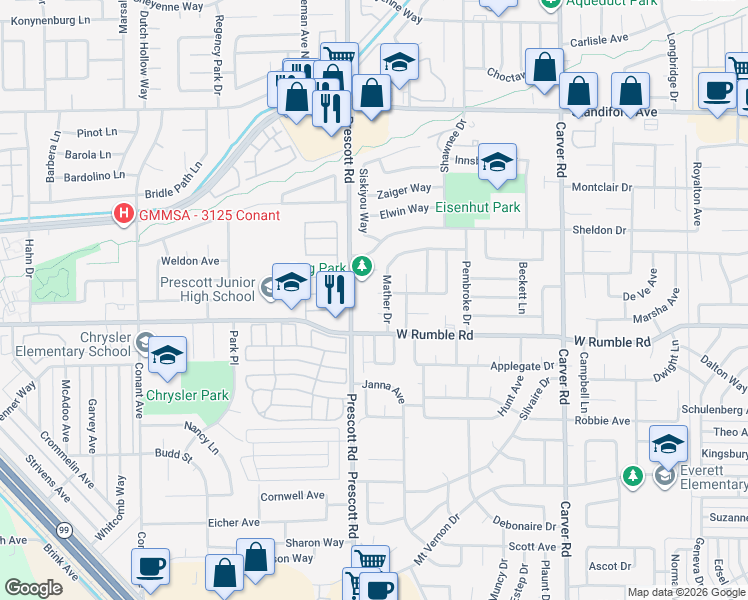 map of restaurants, bars, coffee shops, grocery stores, and more near 2056 Winton Avenue in Modesto