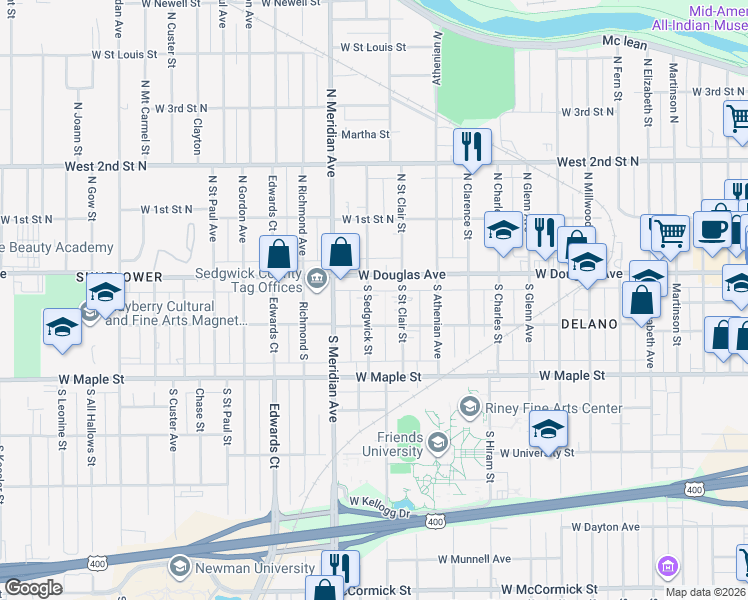map of restaurants, bars, coffee shops, grocery stores, and more near 124 South Sedgwick Street in Wichita