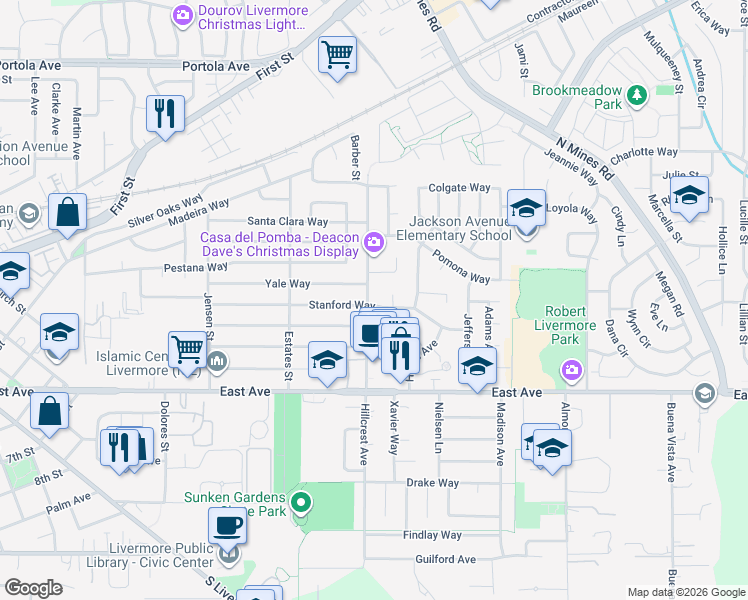map of restaurants, bars, coffee shops, grocery stores, and more near 486 Hillcrest Avenue in Livermore
