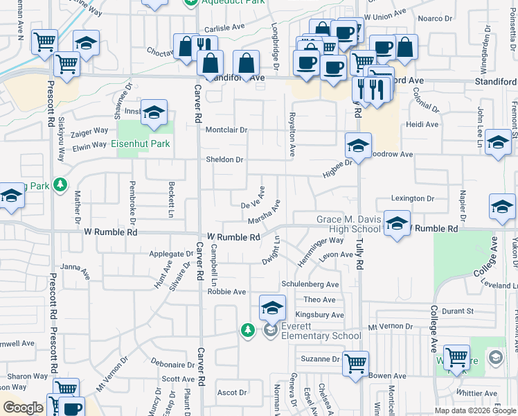 map of restaurants, bars, coffee shops, grocery stores, and more near 1528 De Ve Avenue in Modesto