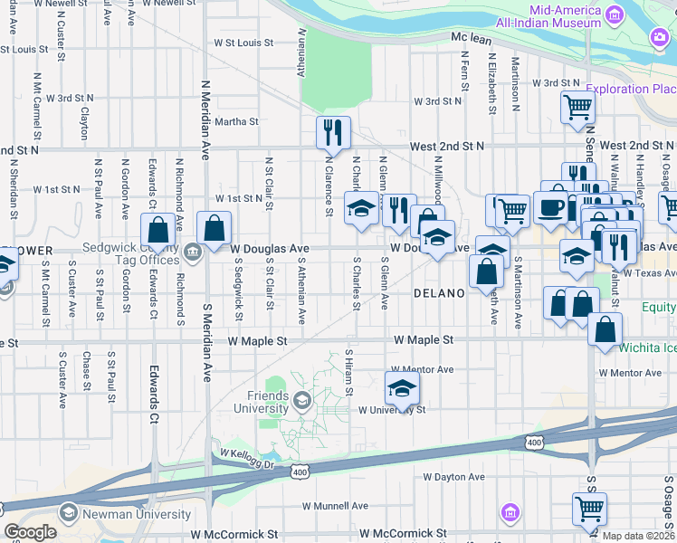 map of restaurants, bars, coffee shops, grocery stores, and more near 126 South Clarence Street in Wichita