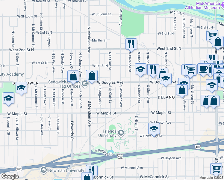 map of restaurants, bars, coffee shops, grocery stores, and more near 126 South Saint Clair Street in Wichita