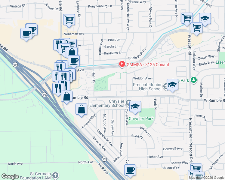 map of restaurants, bars, coffee shops, grocery stores, and more near 3000 Fireweed Way in Modesto
