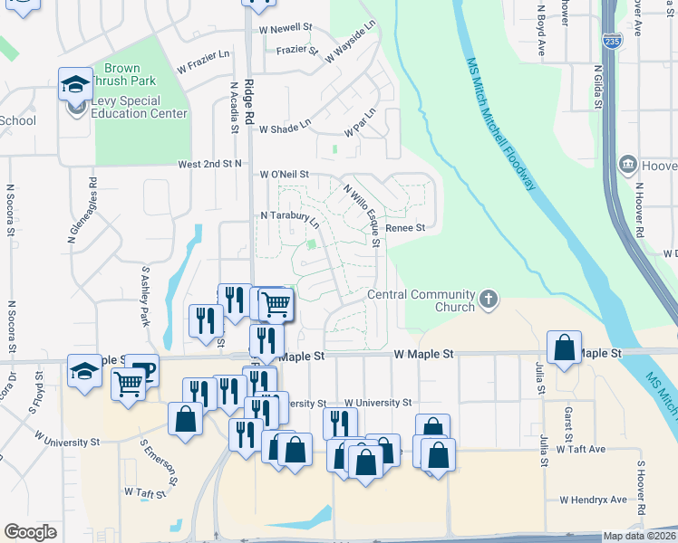 map of restaurants, bars, coffee shops, grocery stores, and more near 128 South Tarabury Lane in Wichita
