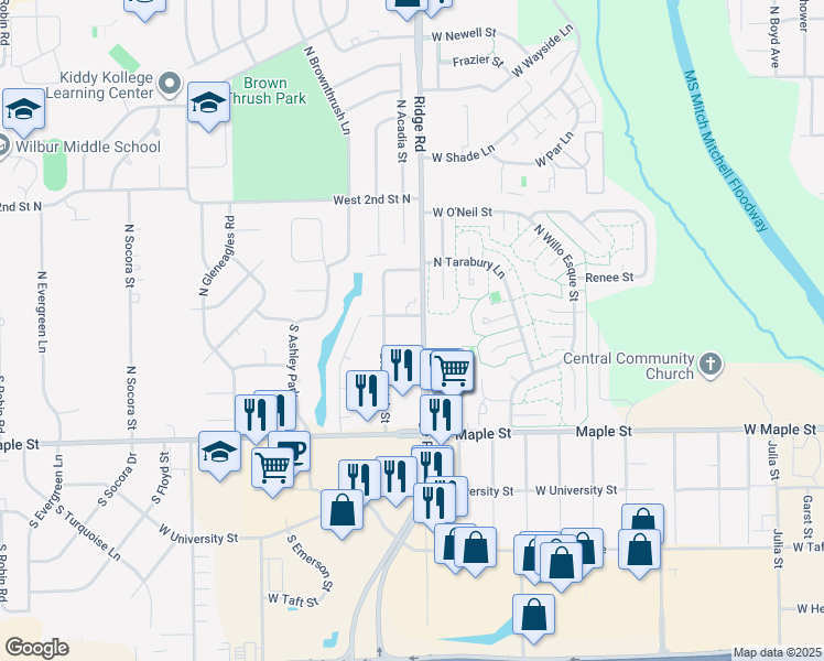 map of restaurants, bars, coffee shops, grocery stores, and more near 109 South Ridge Road in Wichita